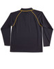 A black long-sleeve polo shirt with yellow detailing and a collar. Features a logo on the front.
