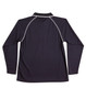 A navy long-sleeved polo shirt featuring contrasting white piping and a collar, with a logo on the back.