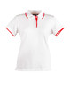 A white polo shirt with red collar and sleeve trims, featuring a logo on it.