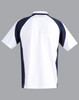 Men's polo shirt featuring a white body with navy blue sleeves and a logo. Back view shown.