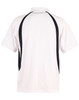 A white polo shirt featuring black side panels and a collar. The back has a logo prominently displayed.