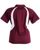 A maroon polo shirt featuring white accent panels and a collar. The shirt has a logo on the back.