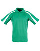 A green polo shirt featuring white accents on the sleeves and a collar. It has a logo on the chest.