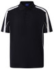 A navy polo shirt with white accents and a logo. It features a classic collar and short sleeves.