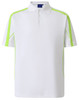 A white polo shirt with light green details and a logo on the chest. Short sleeves and classic collar design.