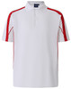 A white polo shirt with red accents and a collar, featuring a logo on the chest.