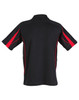A short sleeve polo shirt in black with red detailing and a logo on the front.