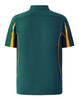 A men's short-sleeve polo shirt in dark green with yellow detailing and a logo on the chest.