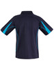 A men's polo shirt featuring a navy blue base with turquoise accents and a collar. Includes a brand logo.