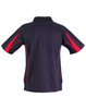 A navy blue polo shirt with red accents and a logo on the back. Short sleeves and a sporty design.
