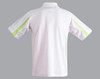 A white polo shirt with lime green accents and a logo, featuring short sleeves and a collar.