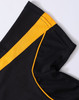 A black polo shirt featuring yellow accents on the sleeves and side seams with a logo present.