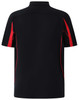 A short sleeve polo shirt in black with red detailing and a logo on the front.