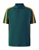 A green short sleeve polo shirt with yellow side stripes and a logo on the chest.