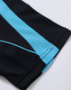 A black polo shirt featuring aqua blue stripes, with a logo on the design. The fabric appears textured.