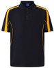 A navy polo shirt featuring yellow accents and a collar, designed with short sleeves and a logo.