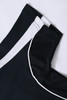 A black polo shirt featuring white accents and a logo at the collar. The fabric appears textured.