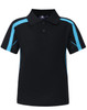 A black polo shirt with blue accents, featuring a classic collar and button placket, and includes a logo.