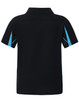 A black kids' polo shirt featuring light blue accents and a collar. It has a logo on one side.