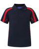 A kids' short-sleeve polo shirt in navy with red accents and a collar, featuring a small logo.