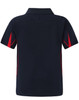 A navy blue kids' polo shirt featuring red accents and a logo on the chest. Simple design with a short-sleeve cut.