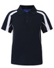 A navy blue kids' polo shirt with white detailing and a logo, featuring a classic collar and button placket.