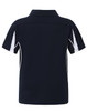 A navy blue kids' short sleeve polo shirt featuring white accents and a logo.