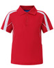 A red kids' polo shirt with white panel accents and a collar, featuring three buttons and a logo.