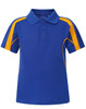 A blue polo shirt with yellow accents and a three-button placket, featuring a branding logo on the chest.