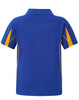 A blue polo shirt with yellow accents, featuring a collar and short sleeves, and a logo on the back.