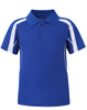 A blue kids' polo shirt with white side panels and a collar, featuring a logo on the chest area.