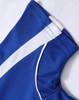 A blue polo shirt featuring white accents and a logo on the collar.