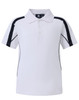 A white kids' polo shirt with navy accents and a logo on the chest. Short sleeves and a classic collar design.