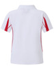 A kids' short-sleeved polo shirt in white with red side accents and a collar, featuring a logo.