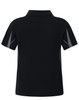 A black polo shirt for kids with grey side panels and a collar, featuring a logo on the back.