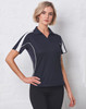 A navy polo shirt featuring white side panels and a subtle branding logo. Ideal for casual or sporty settings.
