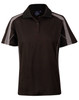 A dark brown short sleeve polo shirt featuring grey accents and a collar. It has a logo on the chest area.