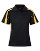 A black and yellow short sleeve polo shirt with a branded logo on the front and contrasting side panels.