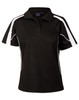 A black short sleeve polo shirt featuring white accents and a logo on the collar.
