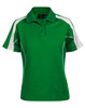 A green and white short sleeve polo shirt featuring a collar and contrasting side panels, with a logo on the chest.
