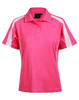 A pink polo shirt with white accents and a logo, featuring a short sleeve design.