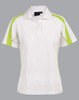 A white polo shirt with lime green accents and short sleeves, featuring a logo on the chest.