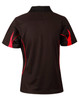 A black short sleeve polo shirt with red accents and a logo on the collar.