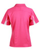 A pink short sleeve polo shirt with contrasting white accents and a logo on the back.