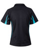 A black polo shirt with short sleeves featuring turquoise accents and a logo on the back.