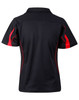 A black polo shirt with red accents and a collar, featuring a logo on the front.