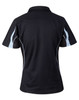 A black short sleeve polo shirt with light blue accents and a logo. The back features a fitted design.