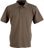 A brown polo shirt with a classic collar and three buttons, featuring a logo on the chest.