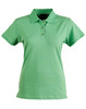 A green ladies' polo shirt featuring a collar and three buttons, with a logo on the chest.
