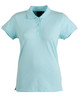 A light blue polo shirt with a collar and short sleeves, featuring a button placket and a logo.